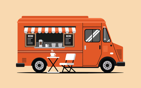 Vector illustration of a mobile orange cafe food truck with outdoor furniture