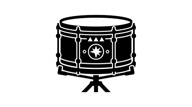 Black and white vector illustration of a snare drum on a stand, featuring a star emblem on its side, perfect for music-related designs.