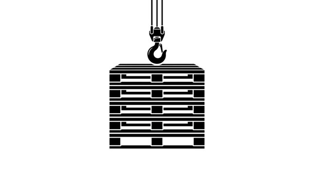 Black silhouette of a crane hook lifting a stack of wooden pallets, symbolizing logistics and material handling.