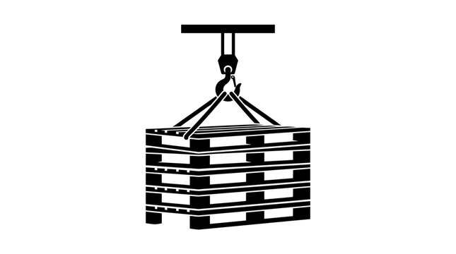 Black and white silhouette of a crane hook lifting a stack of four wooden pallets, symbolizing logistics and material handling.