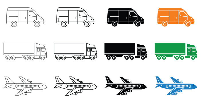A set of colorful icons featuring vans trucks and airplanes in multiple styles vector illustration 