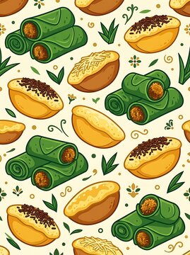 Seamless pattern of traditional indonesian snacks dadar gulung and pukis