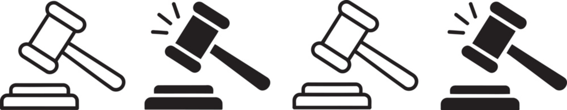 Judge gavel icon set, filled and outline auction hammer symbols, justice court, law and legal authority icons for professional design, legal services, and modern vector illustration collection.