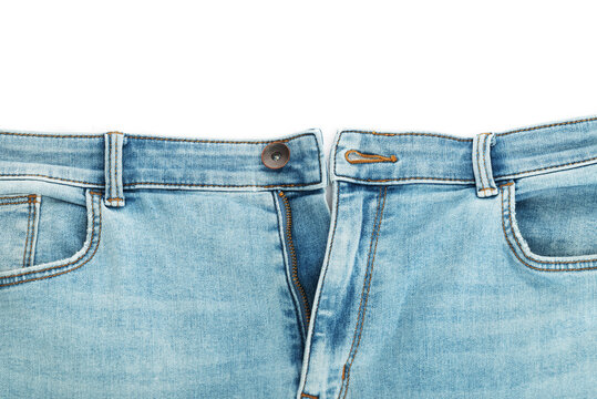 Blue jeans denim trousers close up isolated on white background