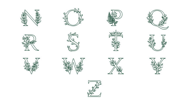 Decorative floral letters N to Z in elegant green design  