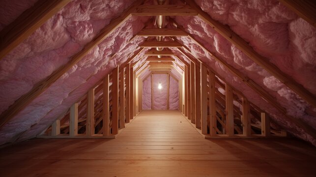 Attic with pink fiberglass insulation between wooden rafters, showing energy efficiency, thermal protection, and home improvement.