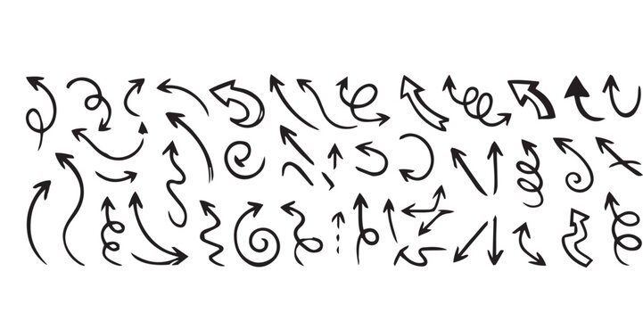 Collection of hand drawn black arrows pointing in various directions for diagrams and visual communication