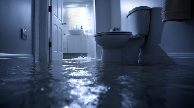 Flooded bathroom with toilet and sink, showing water damage, leak mitigation, and emergency cleanup after plumbing failure.