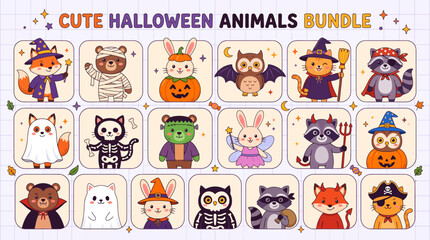 Fototapeta premium Cute Halloween Animals Bundle with Funny Costume Characters, Kawaii Cartoon Vector Clipart Collection for Seasonal Design