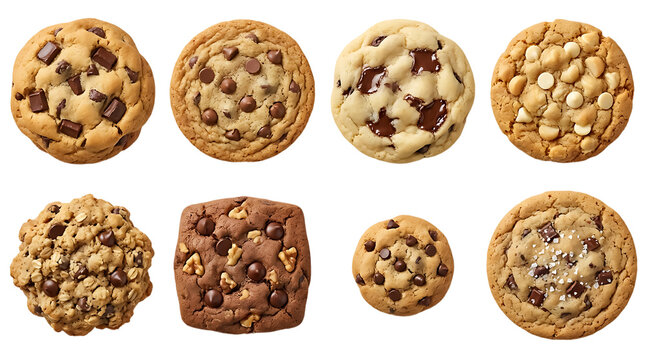 Assorted gourmet chocolate chip cookies isolated on transparent background for food bakery marketing