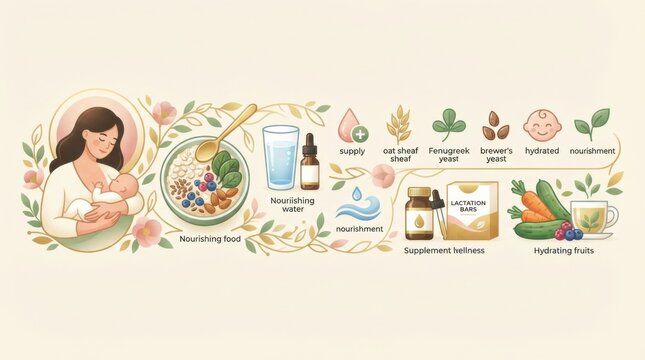 This visual highlights key nutrition tips for pregnant and breastfeeding women, focusing on food, water, and vital supplements.
