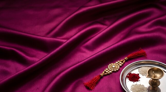 Rakhi and Puja Thali with Diya on Pink Silk Background for Raksha Bandhan