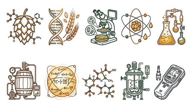Brewing science and biotechnology concepts, beer production and fermentation process, chemical formulas and laboratory equipment