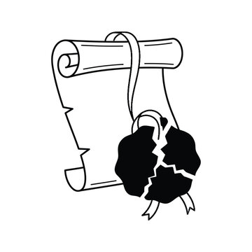 Vector line art illustration of a rolled parchment scroll with a broken wax seal and ribbon for broken contract or opened document design