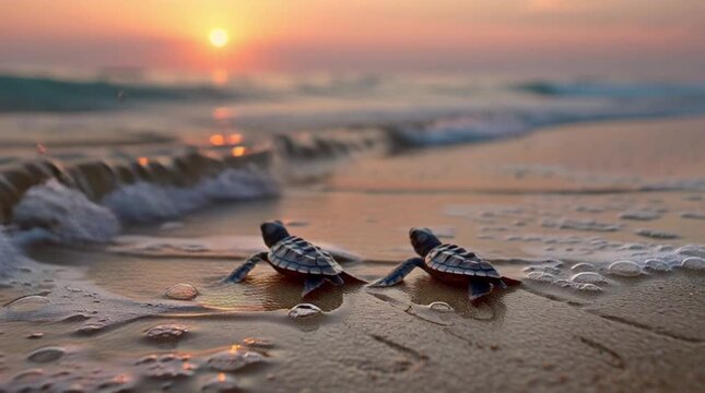 Two baby turtles move towards ocean waves on sandy beach at sunset