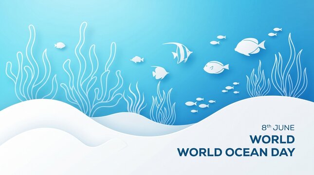 World ocean day underwater scene with fish and seaweed