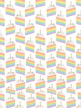 Rainbow cake slices with birthday candles seamless pattern