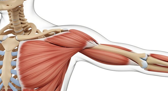 Human shoulder muscular system and skeletal anatomy, medical 3D illustration of arm muscles and bones, anatomical structure of the upper body