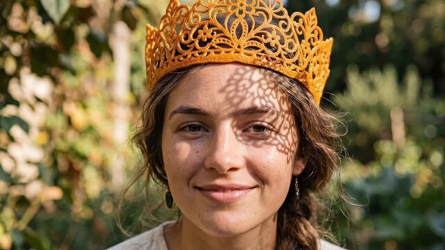 Slow dolly in shot of young woman wearing ornate crown smiling in sunlit garden with lace shadow pattern across face warm daytime portrait