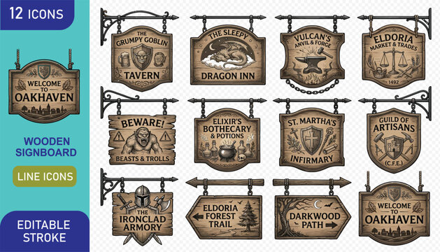 Set of fantasy village wooden signboards for medieval role playing game map design elements