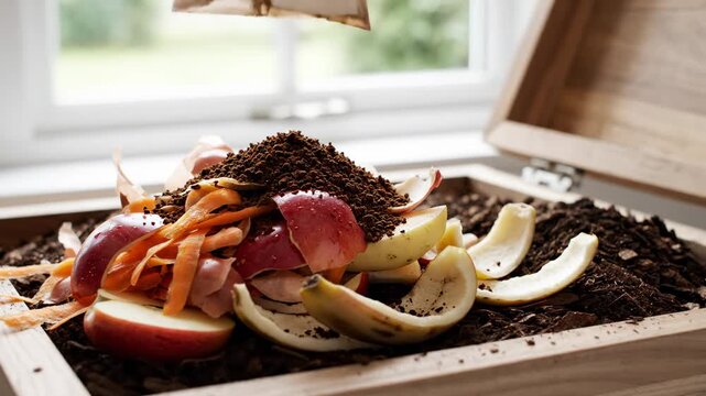 A wooden bin contains various organic kitchen scraps like fruit peels and vegetable remnants mixed into rich dark soil, illustrating sustainable waste management practices for healthy garden
