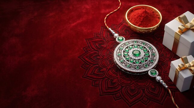 Elegant Raksha Bandhan Rakhi with Gifts and Kumkum on Red Velvet Background