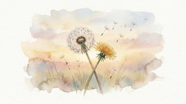 A watercolor painting depicts a dandelion clock with fluffy seeds and a single yellow dandelion bloom.