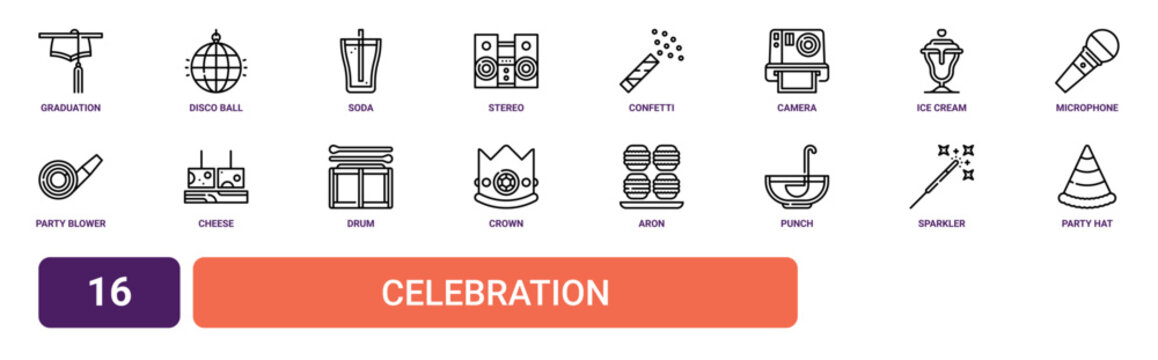 Set of 16 outline web Celebration icons such as party hat, sparkler, punch, aron, crown, drum, cheese vector icons for report, presentation, diagram, web design, mobile app