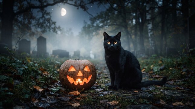 Black cat and Jack O Lantern in a spooky graveyard at night with moon