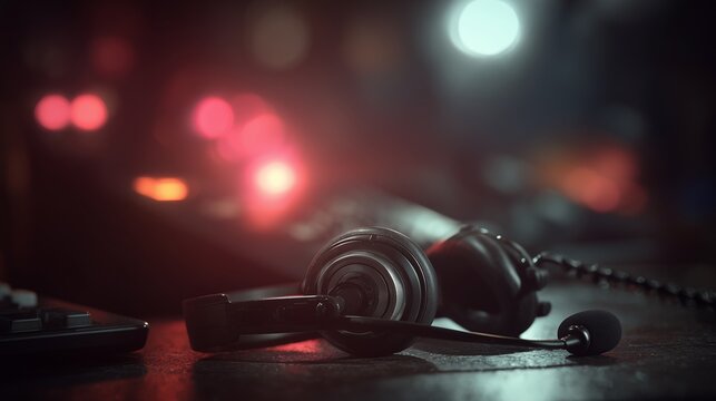 Headset and microphone on a dark desk with blurred emergency light, symbolizing crisis hotline support for mental health help and urgent counseling.