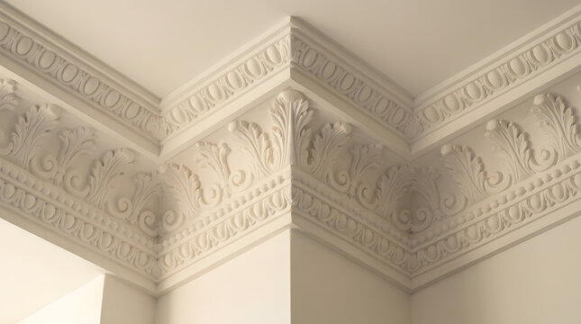 Decorative ceiling cornice installation | Classic ornate crown molding | Luxury plaster interior architectural details | Victorian style ceiling trim design