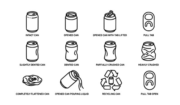 Soda can icon bundle with dented beverage cans and editable outline vector illustrations