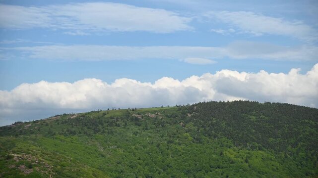 Timelapse of clouds drifting over the lush Roan Mountain landscape from Round Bald, North Carolina