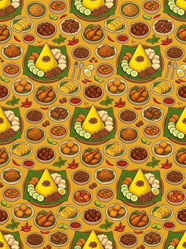 Indonesian traditional food and yellow rice nasi tumpeng pattern