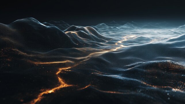 Abstract digital mesh landscape with glowing waves and dark ridges, suggesting covert movement, territorial pressure, tension, and clandestine boundaries.
