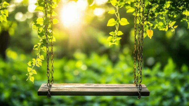 Empty wooden swing hangs from chains under green leaves with bright sunlight, autumn background for childhood.