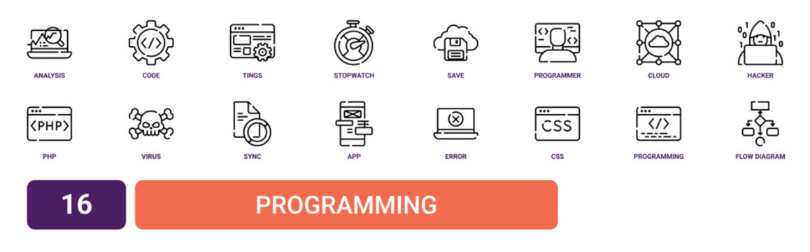 Set of 16 outline web Programming icons such as flow diagram, programming, css, error, app development, sync, virus vector icons for report, presentation, diagram, web design, mobile app