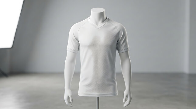 White V-neck t-shirt on a headless mannequin in a studio setting.