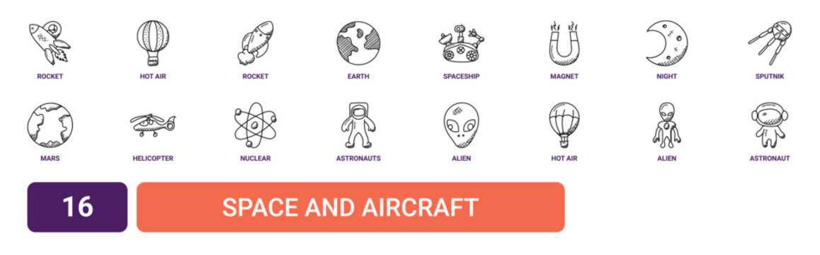 Set of 16 outline web Space and Aircraft icons such as astronaut, alien, hot air balloon, alien, astronauts, nuclear, helicopter vector icons for report, presentation, diagram, web design, mobile app