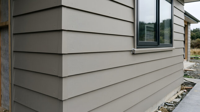 Modern fibrous cement weatherboard installation | Grey exterior house siding details | Residential fiber cement cladding boards | Corner joint finishing for weatherboard