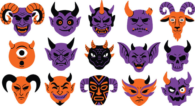 Devil masks collection for halloween party characters and demon faces