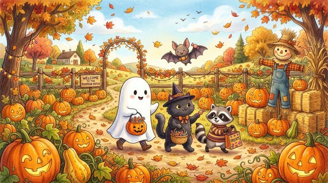 A cheerful illustration depicts a whimsical Halloween pumpkin patch scene.