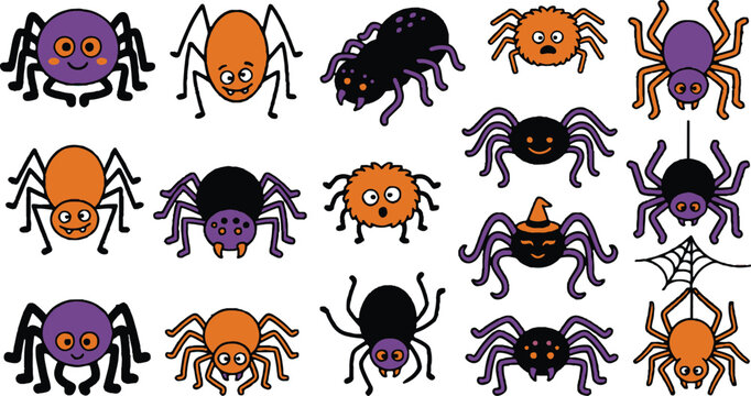 Cute cartoon spider collection with webs and halloween elements vector icons