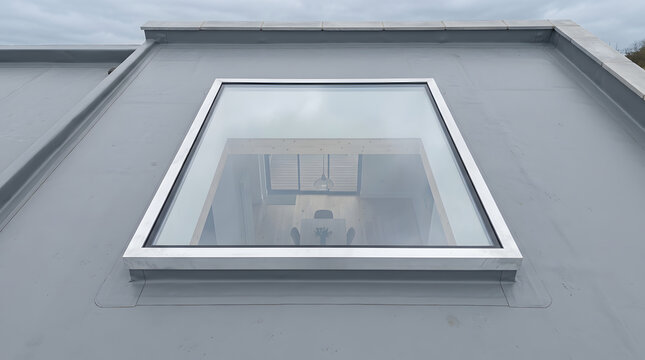modern flat rooflight installation|contemporary home skylight design|energy efficient roof window|grey flat roof membrane construction