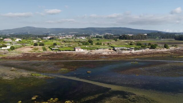 Aerial View of Albari&ntilde;o Vineyards and Agricultural Land Surrounding the Coastal Town of Cambados Galicia