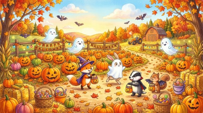A cheerful Halloween scene depicts a whimsical autumn landscape.