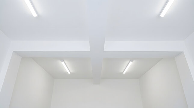 Modern garage ceiling with LED lighting|White plastered ceiling with exposed beams|Industrial workshop interior lighting design|Professional ceiling insulation and plastering finish