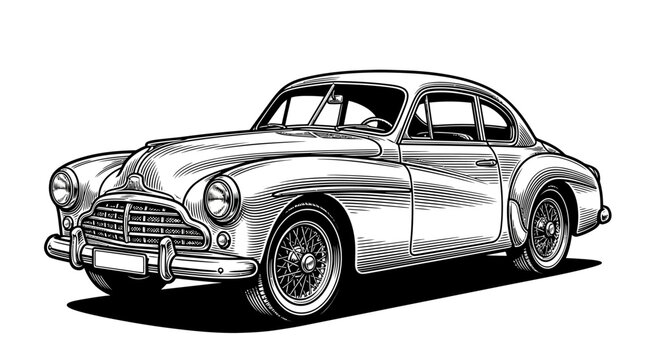 Classic 1940s vintage coupe car engraving in line art.