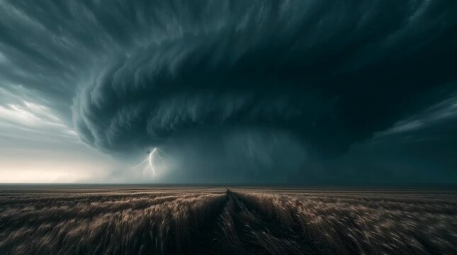 Enormous rotating supercell thunderstorm towering above golden wheat fields with dramatic mammatus clouds and distant lightning, captured in breathtaking cinematic realism.
