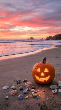 Halloween pumpkin on beach at sunset spooky coastal autumn scene
